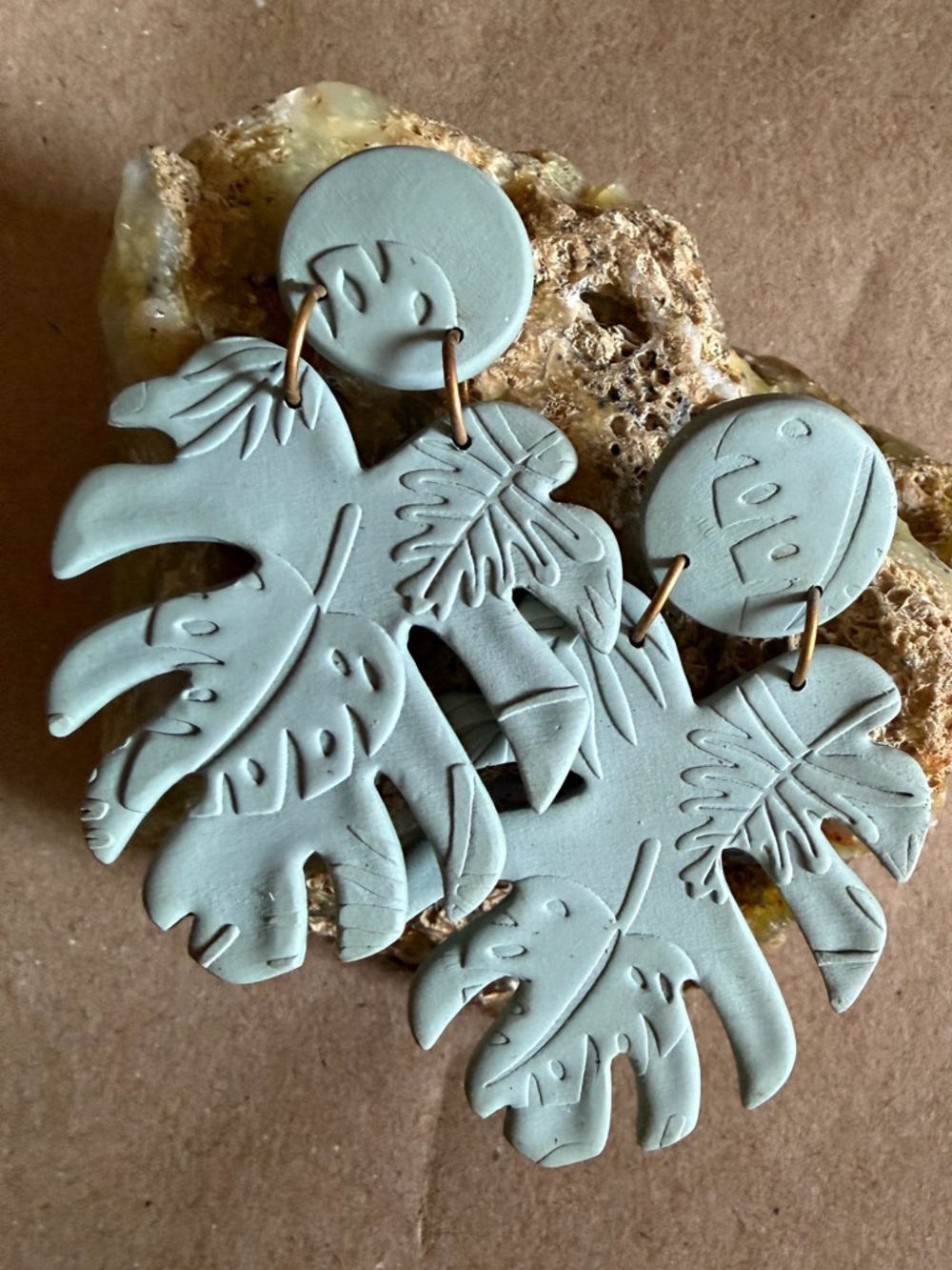Monstera Leaf Statement Earrings in Sage Green